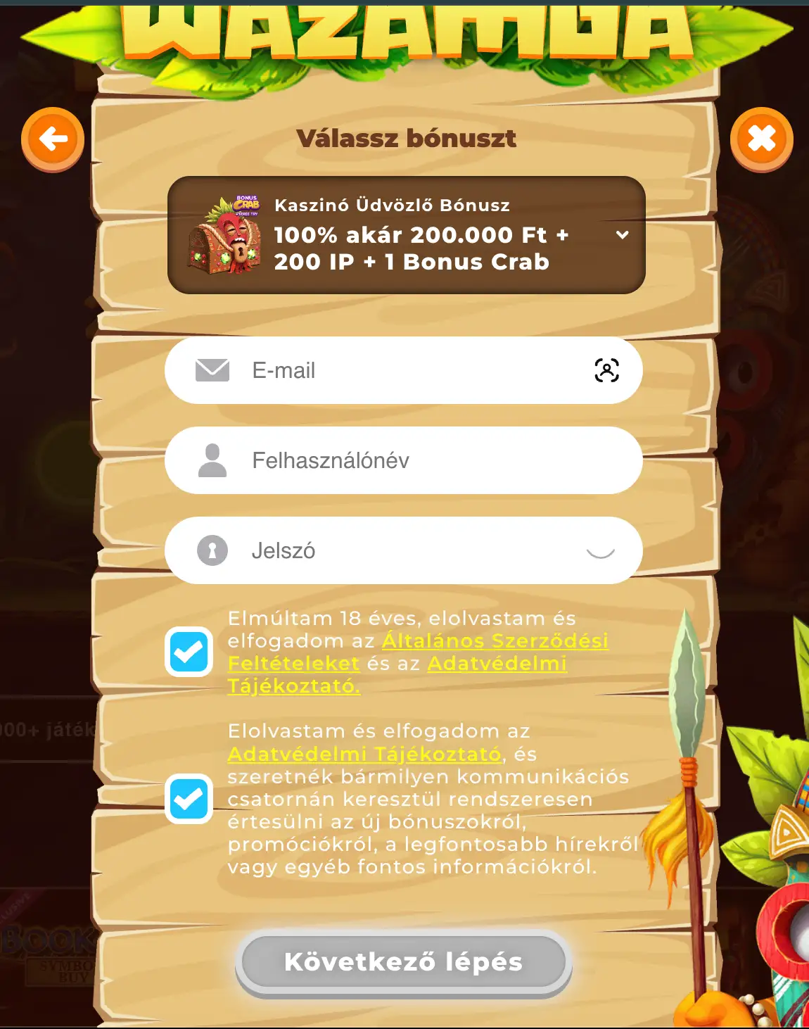 Wazamba registration.